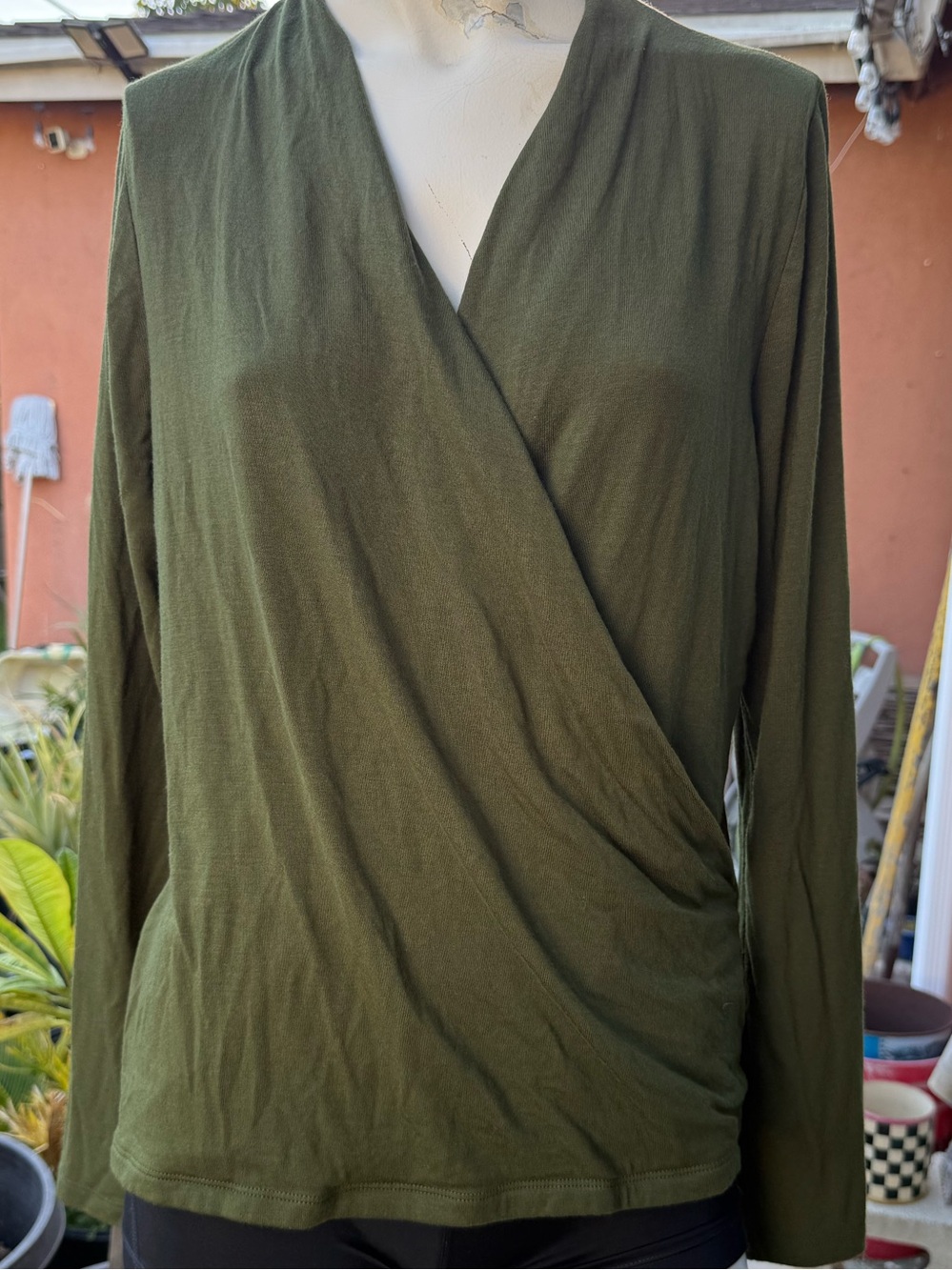 Banana Republic Olive Green Women's Wrap-Front Long Sleeve Top